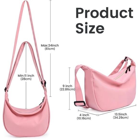 Mini Crescent Bag with Adjustable Strap, 2 Zippers Lightweight Nylon Bag - Rose - Picture 3 of 7